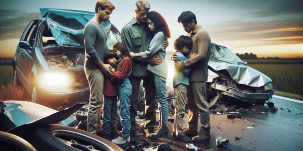 Generate a realistic, high-definition image that represents a tragic accident, focusing on the unbreakable bond of a family. This can be symbolized by the family's unity and strength during a challenging time. The family can include a Caucasian father, a South Asian mother, and their three children of mixed descent. Show them supporting each other amidst a scene of wreckage, maybe a car accident. They should be featured intact and unharmed, emphasizing their resilience and the profoundness of their bond.