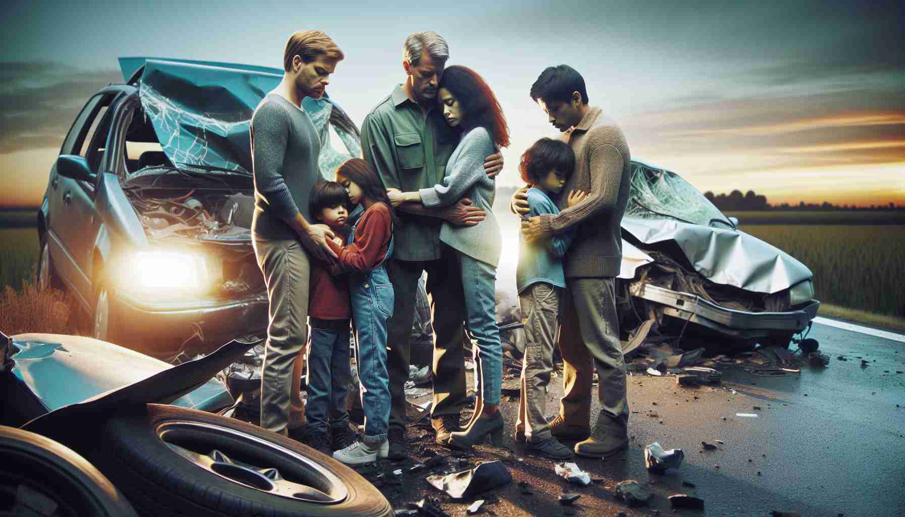 Generate a realistic, high-definition image that represents a tragic accident, focusing on the unbreakable bond of a family. This can be symbolized by the family's unity and strength during a challenging time. The family can include a Caucasian father, a South Asian mother, and their three children of mixed descent. Show them supporting each other amidst a scene of wreckage, maybe a car accident. They should be featured intact and unharmed, emphasizing their resilience and the profoundness of their bond.