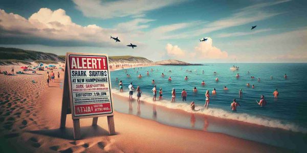 Create a highly realistic HD image depicting the scenario of multiple alerts for shark sightings at beaches in New Hampshire. Having the shoreline visible, with the alert signs standing in the sand. The atmosphere should be of caution with people on the beach looking out into the water, some curious, some worried. There might be a small crowd gathered around the signs, actively reading them. Do not show any actual sharks in the image.