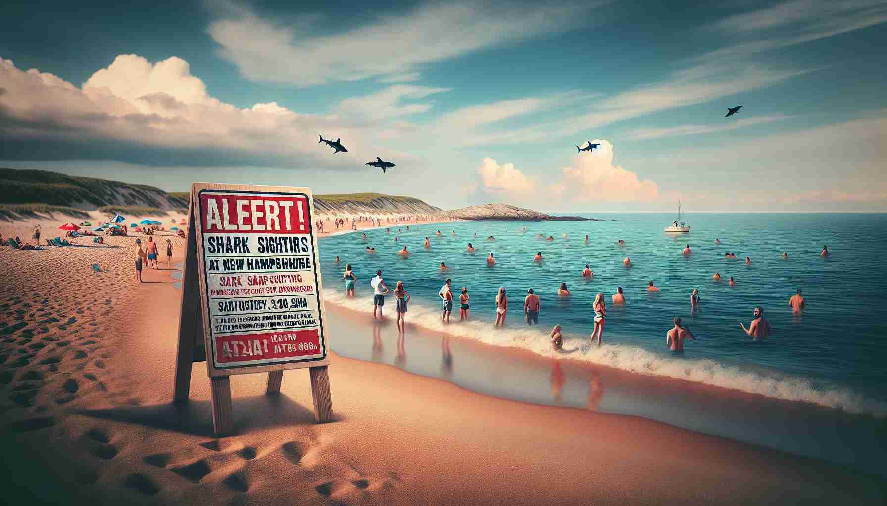 Create a highly realistic HD image depicting the scenario of multiple alerts for shark sightings at beaches in New Hampshire. Having the shoreline visible, with the alert signs standing in the sand. The atmosphere should be of caution with people on the beach looking out into the water, some curious, some worried. There might be a small crowd gathered around the signs, actively reading them. Do not show any actual sharks in the image.