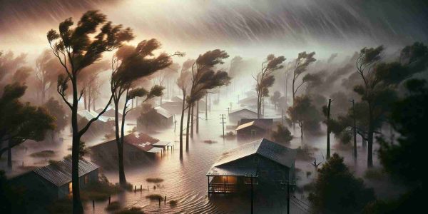 High-definition realist image depicting the effects of severe weather conditions such as heavy rainstorms and hurricanes on the landscape of Southern Louisiana. Show examples of flooding in the residential areas with houses impacted, trees swaying in the intense winds, and the overall atmospheric disturbance. This scenario should showcase the resilience of its diverse communities including African American, Hispanic, and Caucasian locals who work together, aiding in preparation and recovery efforts.