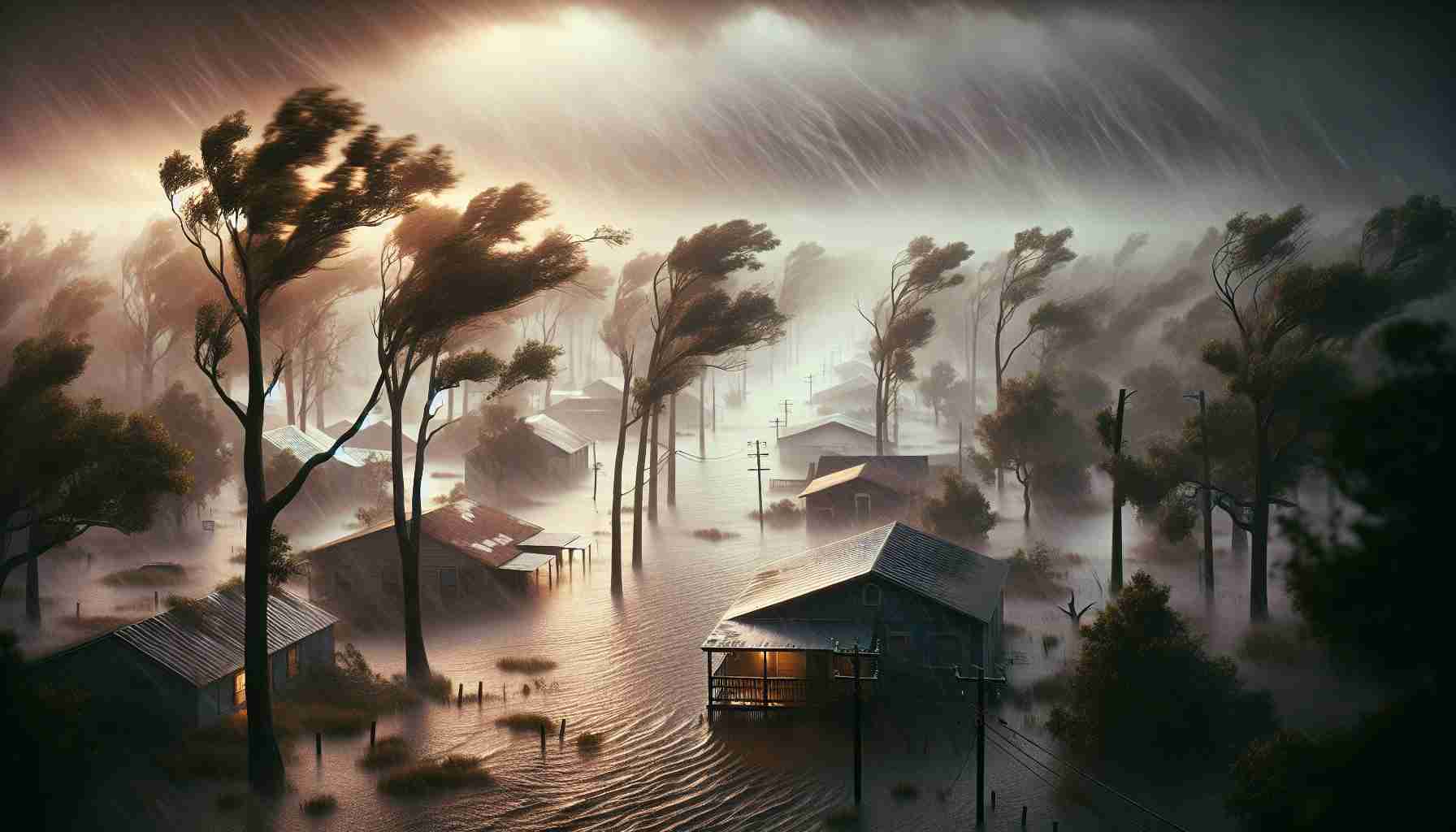 High-definition realist image depicting the effects of severe weather conditions such as heavy rainstorms and hurricanes on the landscape of Southern Louisiana. Show examples of flooding in the residential areas with houses impacted, trees swaying in the intense winds, and the overall atmospheric disturbance. This scenario should showcase the resilience of its diverse communities including African American, Hispanic, and Caucasian locals who work together, aiding in preparation and recovery efforts.