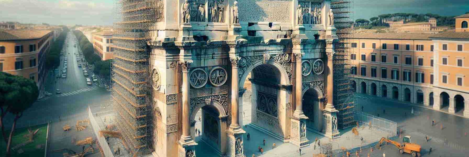 Generate a realistic, high-definition image showcasing multiple measures being taken to protect the historical significance of the Arch of Constantine in Rome, Italy. Show elaborate scaffolding or other architectural support rigs installed around the structure, with people carefully working on its preservation. Ensure to capture the ancient details, grandeur of the monument while maintaining the ambiance of its surrounding urban environment.