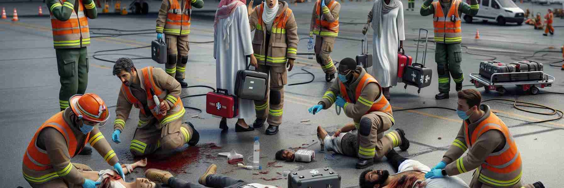 Realistic HD depiction of a distressing incident at an aviation facility causing injuries to the employees. Display emergency services attending the scene, while maintaining safety protocols. Showcase varied workers including a South Asian man helping a Middle Eastern woman, a Black woman providing first aid to a Caucasian man, and a Hispanic man calling for help. Maintain a sense of urgency and concern but do not include gory or overly violent scenes.