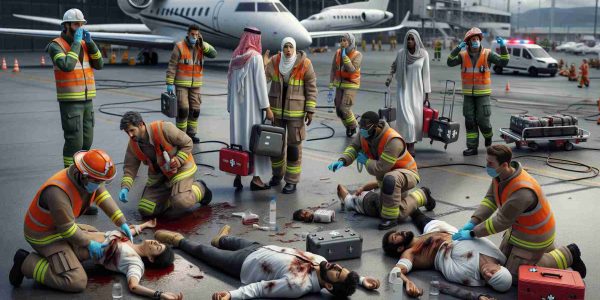 Realistic HD depiction of a distressing incident at an aviation facility causing injuries to the employees. Display emergency services attending the scene, while maintaining safety protocols. Showcase varied workers including a South Asian man helping a Middle Eastern woman, a Black woman providing first aid to a Caucasian man, and a Hispanic man calling for help. Maintain a sense of urgency and concern but do not include gory or overly violent scenes.