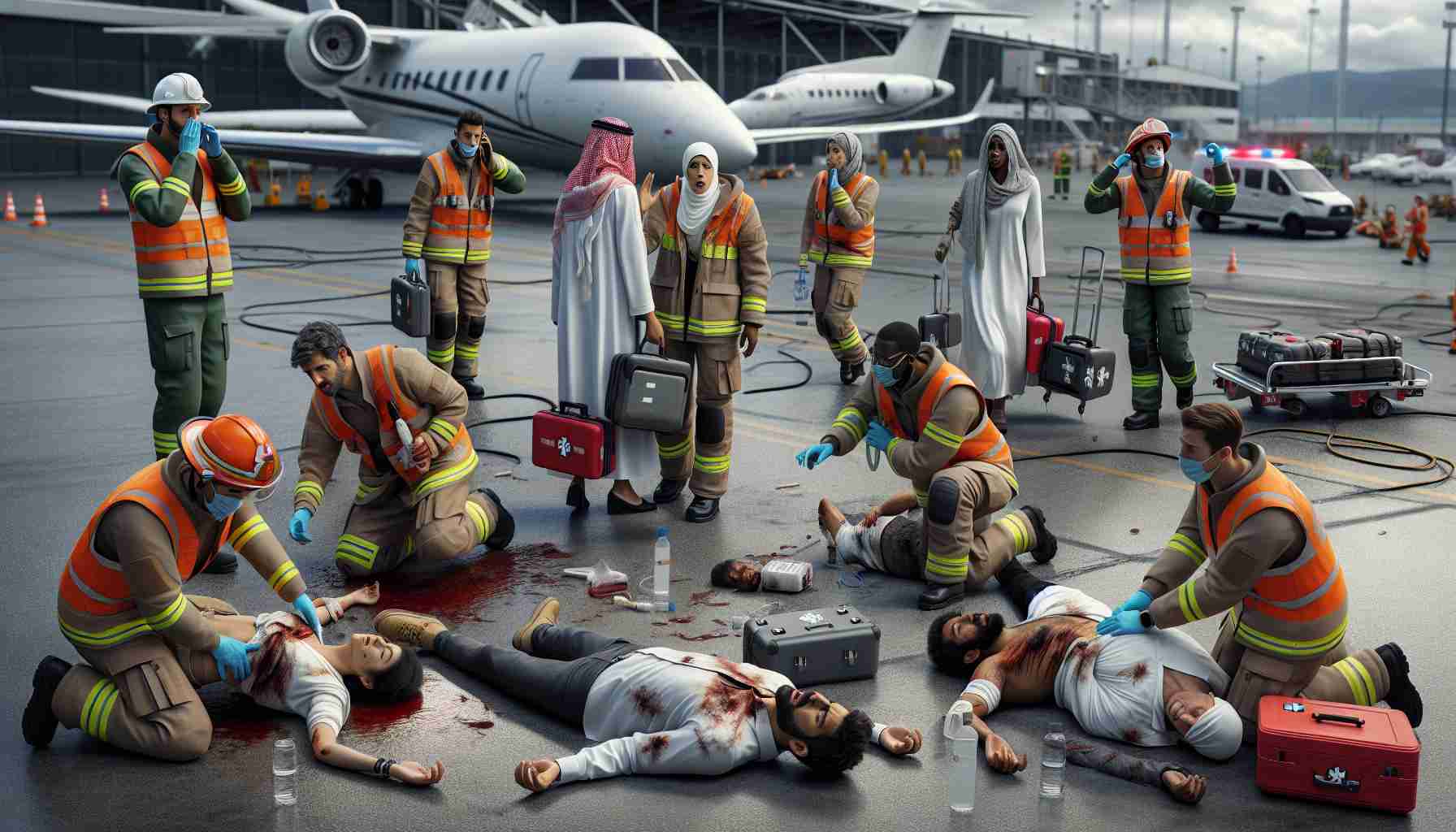 Realistic HD depiction of a distressing incident at an aviation facility causing injuries to the employees. Display emergency services attending the scene, while maintaining safety protocols. Showcase varied workers including a South Asian man helping a Middle Eastern woman, a Black woman providing first aid to a Caucasian man, and a Hispanic man calling for help. Maintain a sense of urgency and concern but do not include gory or overly violent scenes.