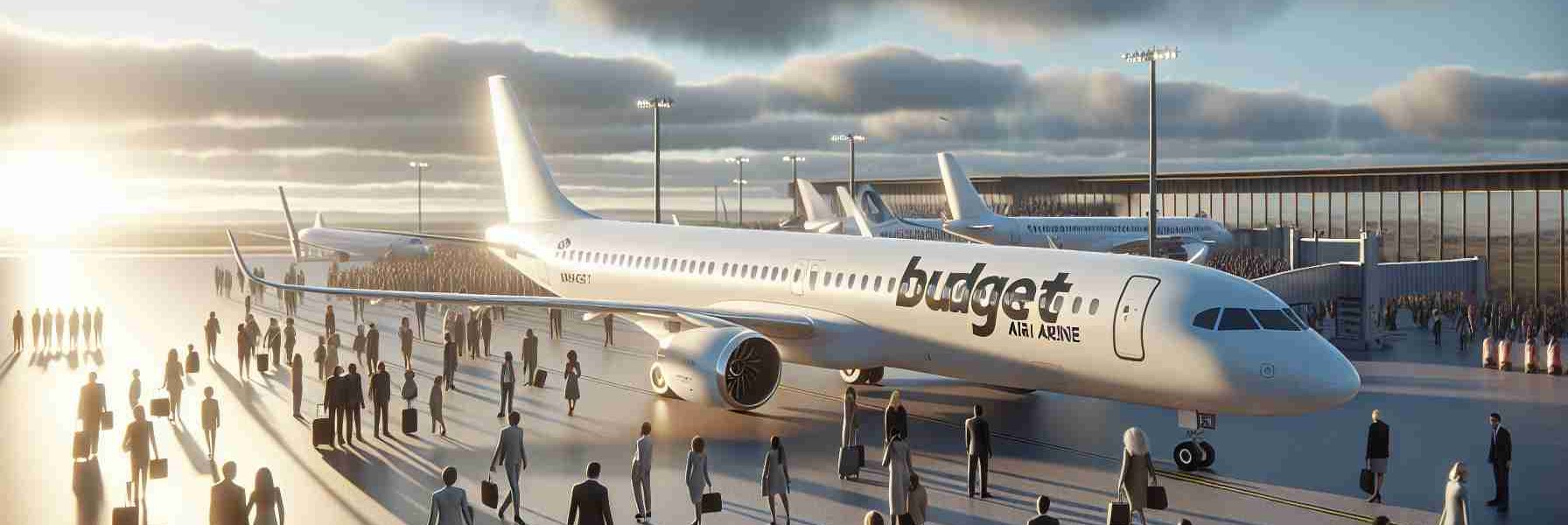 A realistic, high-definition image of a newly established budget airline launching flights to previously underserved regions. The scene should depict the airline's plane, adorned with simple but attractive branding. The plane's streamlined body, painted white and adorned with the company logo, reflects the sunlight, emphasizing the excitement surrounding the new venture. The background is occupied by a diverse group of people, from different descents and genders, representing the passengers eagerly waiting to board their flight. There's a palpable sense of anticipation and excitement in the air as the plane prepares for takeoff.