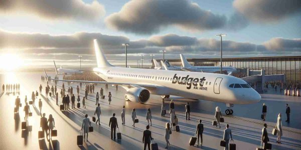 A realistic, high-definition image of a newly established budget airline launching flights to previously underserved regions. The scene should depict the airline's plane, adorned with simple but attractive branding. The plane's streamlined body, painted white and adorned with the company logo, reflects the sunlight, emphasizing the excitement surrounding the new venture. The background is occupied by a diverse group of people, from different descents and genders, representing the passengers eagerly waiting to board their flight. There's a palpable sense of anticipation and excitement in the air as the plane prepares for takeoff.