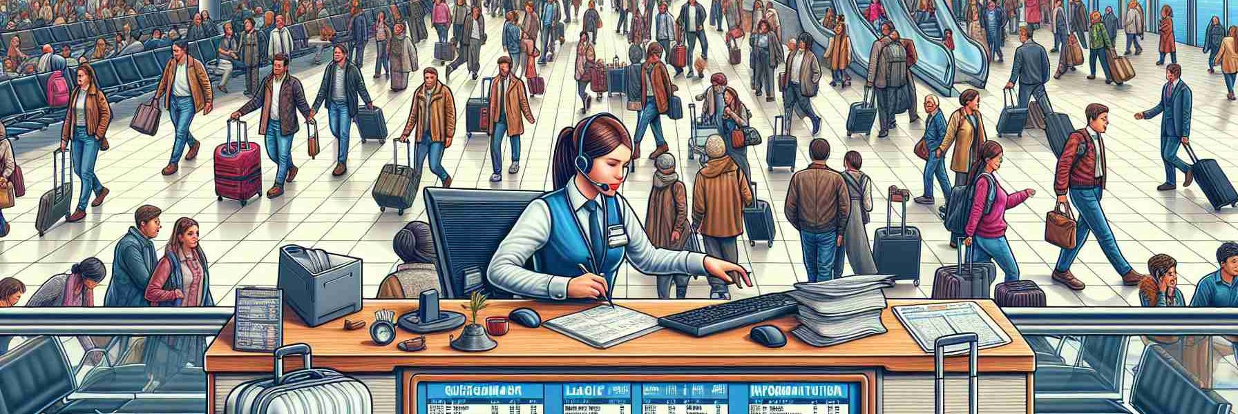 Create a realistic HD picture of an airport scene during Thanksgiving rush from the perspective of an airport worker. Picture a bustling environment with passengers of all descents and genders rushing to catch their flights. The worker is multitasking, managing the queries at the information desk. Luggage, flight schedules, and various airport signs are also visible in this scene.