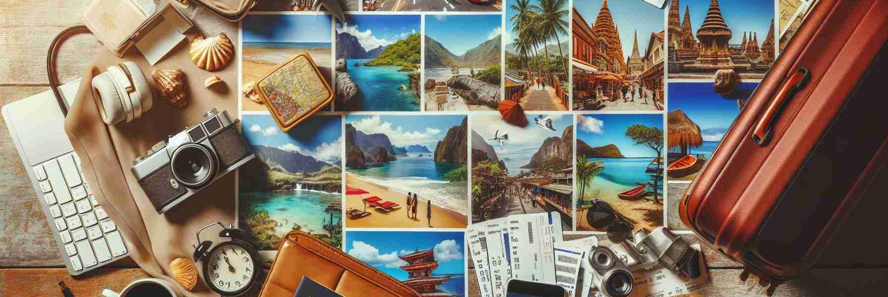 A high-definition, realistic image depicting excitement for various travel destinations. Capture the tropical atmosphere of a Southeast Asian beach, the bustling, vibrant streets of a European city, the serene beauty of a North American mountain range, the mysterious allure of a Middle Eastern market, and the abundant wildlife of an African safari. Beautiful postcards, road maps, plane tickets, luggage, and travel accessories are scattered on a table hinting at the adventures that await.