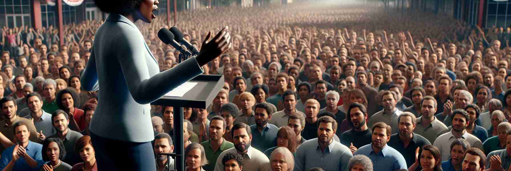 A realistic HD photo of an inspiring black woman, who holds a striking resemblance to a well-known public figure, energizing a crowd in a location that resembles Norristown. She stands on a stage, engaging the audience with her oratory skills, gesturing passionately to emphasize her points. The gathered crowd reacts with applause and visible enthusiasm, their eyes riveted on the speaker. The ambiance is electrifying, reflecting the speaker's charismatic presence and ability to energize a crowd.