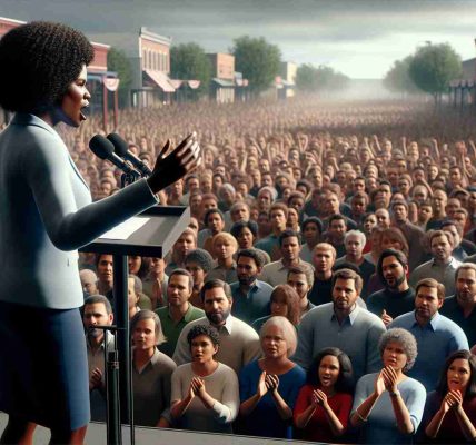 A realistic HD photo of an inspiring black woman, who holds a striking resemblance to a well-known public figure, energizing a crowd in a location that resembles Norristown. She stands on a stage, engaging the audience with her oratory skills, gesturing passionately to emphasize her points. The gathered crowd reacts with applause and visible enthusiasm, their eyes riveted on the speaker. The ambiance is electrifying, reflecting the speaker's charismatic presence and ability to energize a crowd.