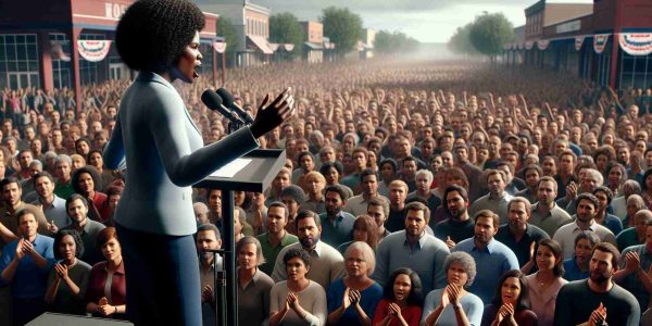 A realistic HD photo of an inspiring black woman, who holds a striking resemblance to a well-known public figure, energizing a crowd in a location that resembles Norristown. She stands on a stage, engaging the audience with her oratory skills, gesturing passionately to emphasize her points. The gathered crowd reacts with applause and visible enthusiasm, their eyes riveted on the speaker. The ambiance is electrifying, reflecting the speaker's charismatic presence and ability to energize a crowd.