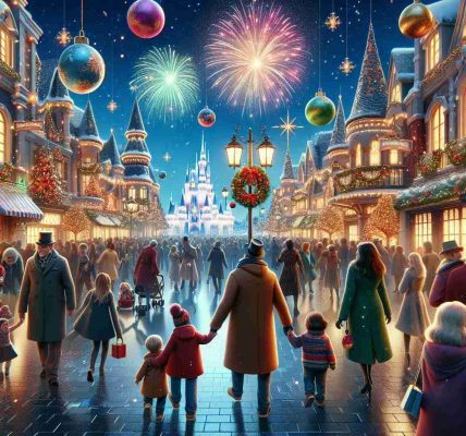 Generate a realistic HD-quality illustration that depicts a magical fairytale kingdom during the holiday season. Convey how the streets are adorned with exquisite ornaments and multicolored lights, capturing the jovial spirit of the festivities. Show children and adults, of a range of descents including Black, Caucasian, Hispanic, Middle-Eastern, and South Asian, strolling around as they enjoy the beautiful view. Have some people smiling as they watch a beautiful fireworks display, symbolizing the enchantment of the holiday season. Please avoid depiction of copyrighted images or logos.