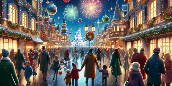 Generate a realistic HD-quality illustration that depicts a magical fairytale kingdom during the holiday season. Convey how the streets are adorned with exquisite ornaments and multicolored lights, capturing the jovial spirit of the festivities. Show children and adults, of a range of descents including Black, Caucasian, Hispanic, Middle-Eastern, and South Asian, strolling around as they enjoy the beautiful view. Have some people smiling as they watch a beautiful fireworks display, symbolizing the enchantment of the holiday season. Please avoid depiction of copyrighted images or logos.