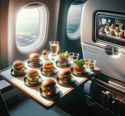 Create a detailed, high-definition image capturing the concept of 'New Heights in In-Flight Dining'. Envision a tray fixed to the back of an airplane seat, containing a variety of gourmet burger flights. Each flight comprises miniature versions of different burger varieties, aesthetically presented with accompaniments of fresh vegetables and dipping sauces. The scene includes glimpses of the airplane interiors, with the window revealing a stunning aerial view. The lighting is soft and welcoming, adding an appealing aura to the meal and portraying it in the best possible light.