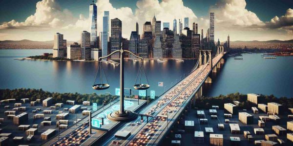 A high-definition, realistic image depicting the concept of fair toll policies being implemented for access to Manhattan. The image should include a representation of the city in the background, with skyscrapers, bridges, and rivers visible. In the foreground, there could be symbolic elements like a toll booth or a scale representing the concept of 'fairness'. Please avoid including identifiable landmarks or buildings.