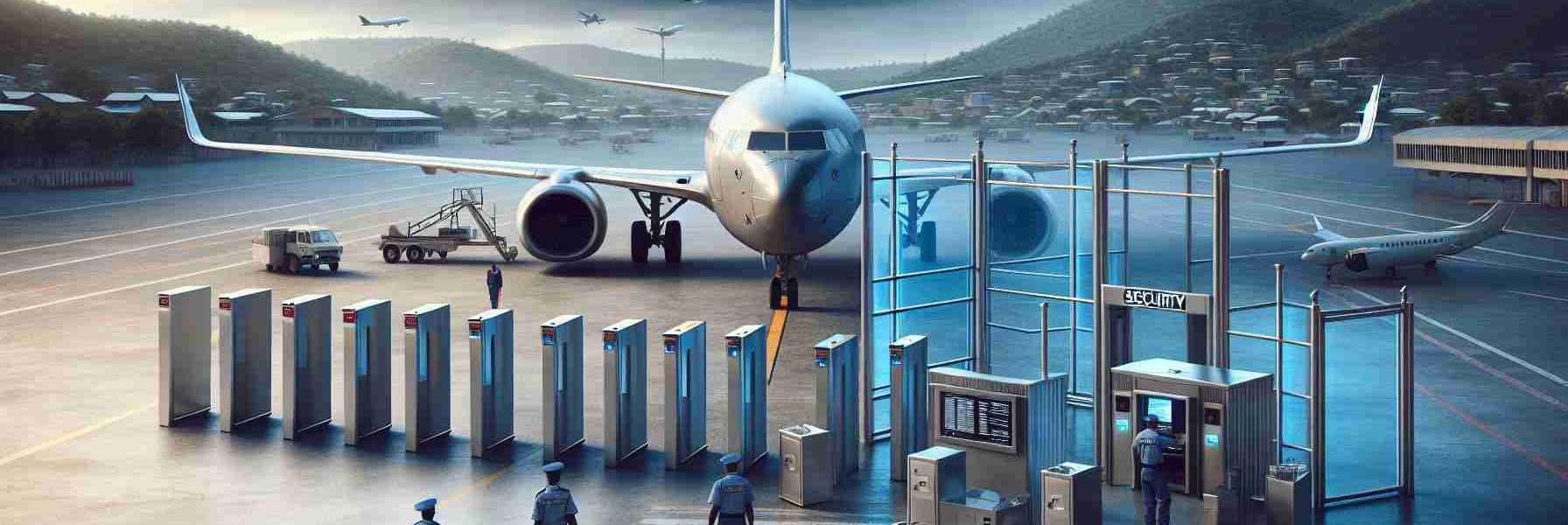 Realistic high definition image illustrating increasing security concerns related to air travel in Haiti. Customize the artwork with representations of airport security measures like metal detectors, security personnel, and locked gates. Include a plane in the background on a runway. Also, incorporate local Haitian elements to signify the locale, such as elements of the Haitian landscape or architectural features. The atmosphere is tense, reflecting the growing apprehension.