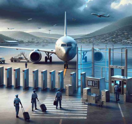 Realistic high definition image illustrating increasing security concerns related to air travel in Haiti. Customize the artwork with representations of airport security measures like metal detectors, security personnel, and locked gates. Include a plane in the background on a runway. Also, incorporate local Haitian elements to signify the locale, such as elements of the Haitian landscape or architectural features. The atmosphere is tense, reflecting the growing apprehension.