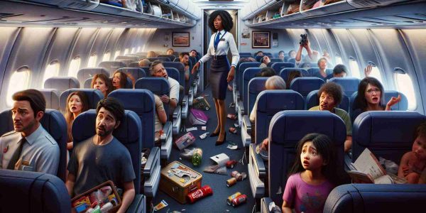 Create a highly detailed and realistic image portraying an unfortunate event during a flight from a passenger's perspective. The scene should illustrate a chaotic cabin with concerned expressions on the faces of passengers. Various personal items are chaotically scattered, the overhead storage compartments are slightly ajar, and the 'fasten seatbelt' signs are illuminated. In the aisle, a female African-American flight attendant in uniform calmly reassures passengers. A male South Asian child looking anxiously out of the window can be seen in one of the seats.