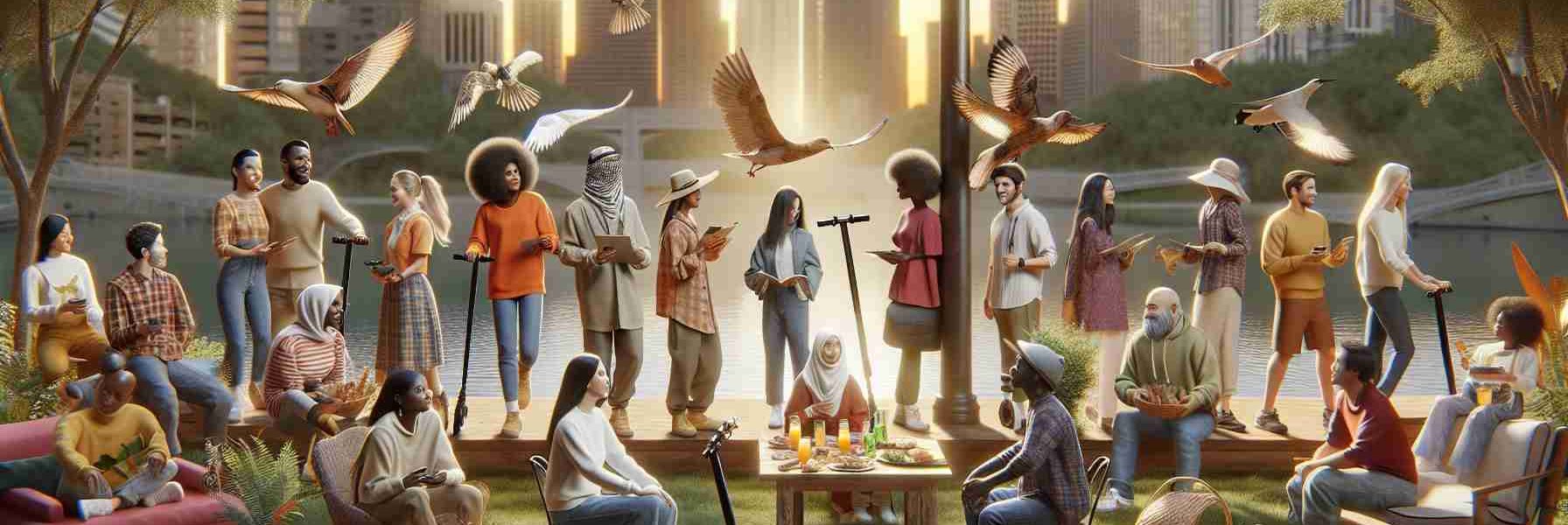 A high-definition, realistic image depicting the new trends in Thanksgiving getaways. It should showcase a diverse group of people with various descent like Caucasian, Hispanic, Black, Middle-Eastern, and South Asian individuals. They are embracing the new trends, perhaps using an e-scooter or having an outdoor, nature-themed picnic instead of the traditional home dinner setup. Some may also opt for tech-savvy options or eco-friendly choices, such as using a solar-powered camping gear. The setting can be a blend of urban and rural environments, reflecting the modern twists on classic traveling norm.