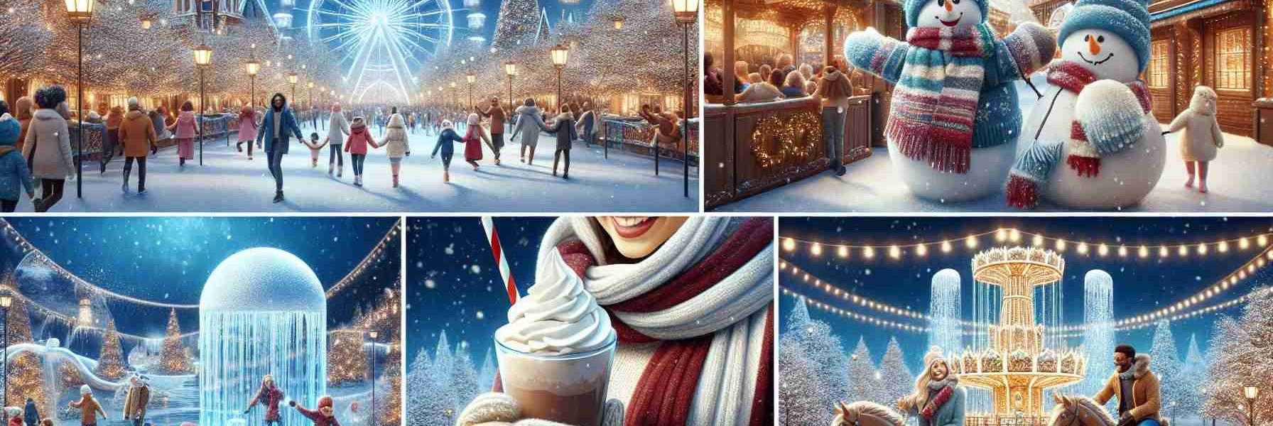 Produce a realistic, high-definition image of a theme park transforming into an enchanting winter wonderland. The scene should showcase snow-covered rides, pristine ice sculptures, twinkling lights arranged in festive patterns, and joyous visitors wrapped in warm clothing. Include the details such as the whipped cream-topped hot chocolate in the hands of South Asian woman, a Black man cheerfully throwing a snowball, a Caucasian child making a snowman, and a Middle-Eastern family enjoying a sleigh ride.