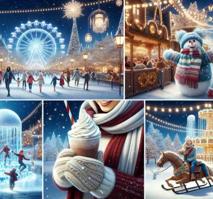 Produce a realistic, high-definition image of a theme park transforming into an enchanting winter wonderland. The scene should showcase snow-covered rides, pristine ice sculptures, twinkling lights arranged in festive patterns, and joyous visitors wrapped in warm clothing. Include the details such as the whipped cream-topped hot chocolate in the hands of South Asian woman, a Black man cheerfully throwing a snowball, a Caucasian child making a snowman, and a Middle-Eastern family enjoying a sleigh ride.