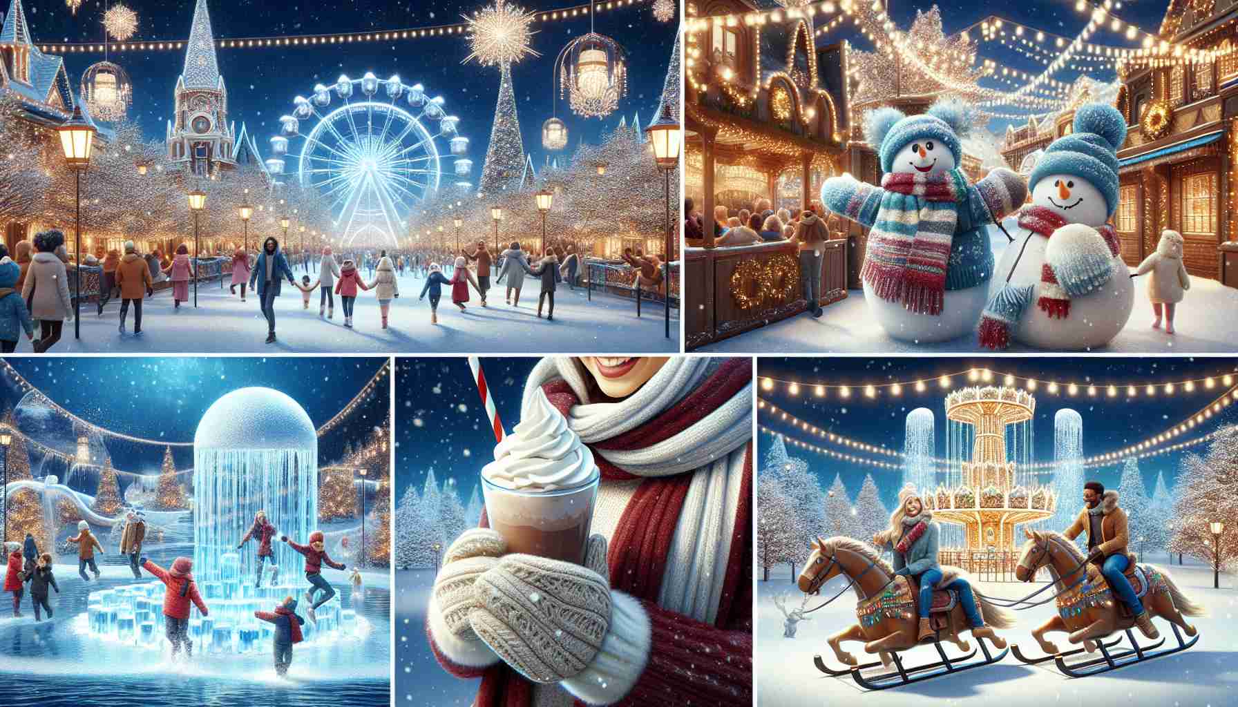 Produce a realistic, high-definition image of a theme park transforming into an enchanting winter wonderland. The scene should showcase snow-covered rides, pristine ice sculptures, twinkling lights arranged in festive patterns, and joyous visitors wrapped in warm clothing. Include the details such as the whipped cream-topped hot chocolate in the hands of South Asian woman, a Black man cheerfully throwing a snowball, a Caucasian child making a snowman, and a Middle-Eastern family enjoying a sleigh ride.