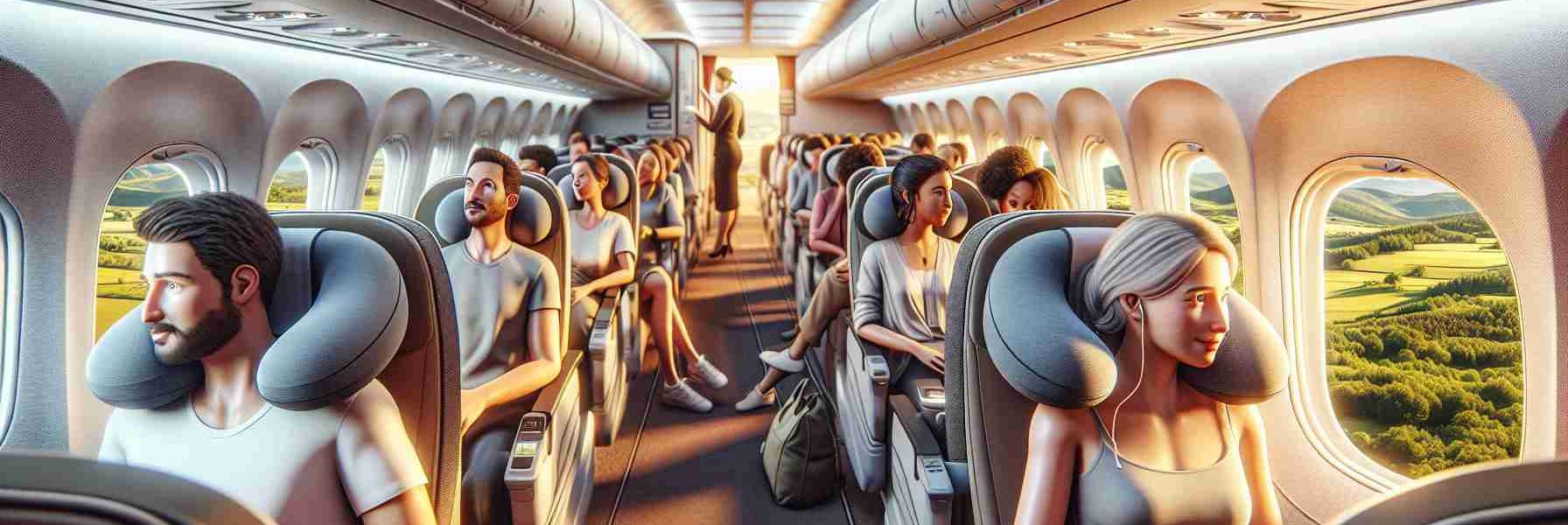 Detailed and realistic high-definition image showcasing the improved passenger experience during landings. Picture an airplane interior with comfortable seating, passengers of diverse descents and genders preparing for landing. They are calm and relaxed, some are looking out through the window at the approaching landscape below, some are chatting, while others rest their heads on ergonomic neck pillows. The lighting inside the cabin is soothing, the atmosphere serene. Attention to detail should include elements like pleasant cabin crew helping passengers, detailed touch screens on the back of seats, and a view from the inside of an airplane about to land.