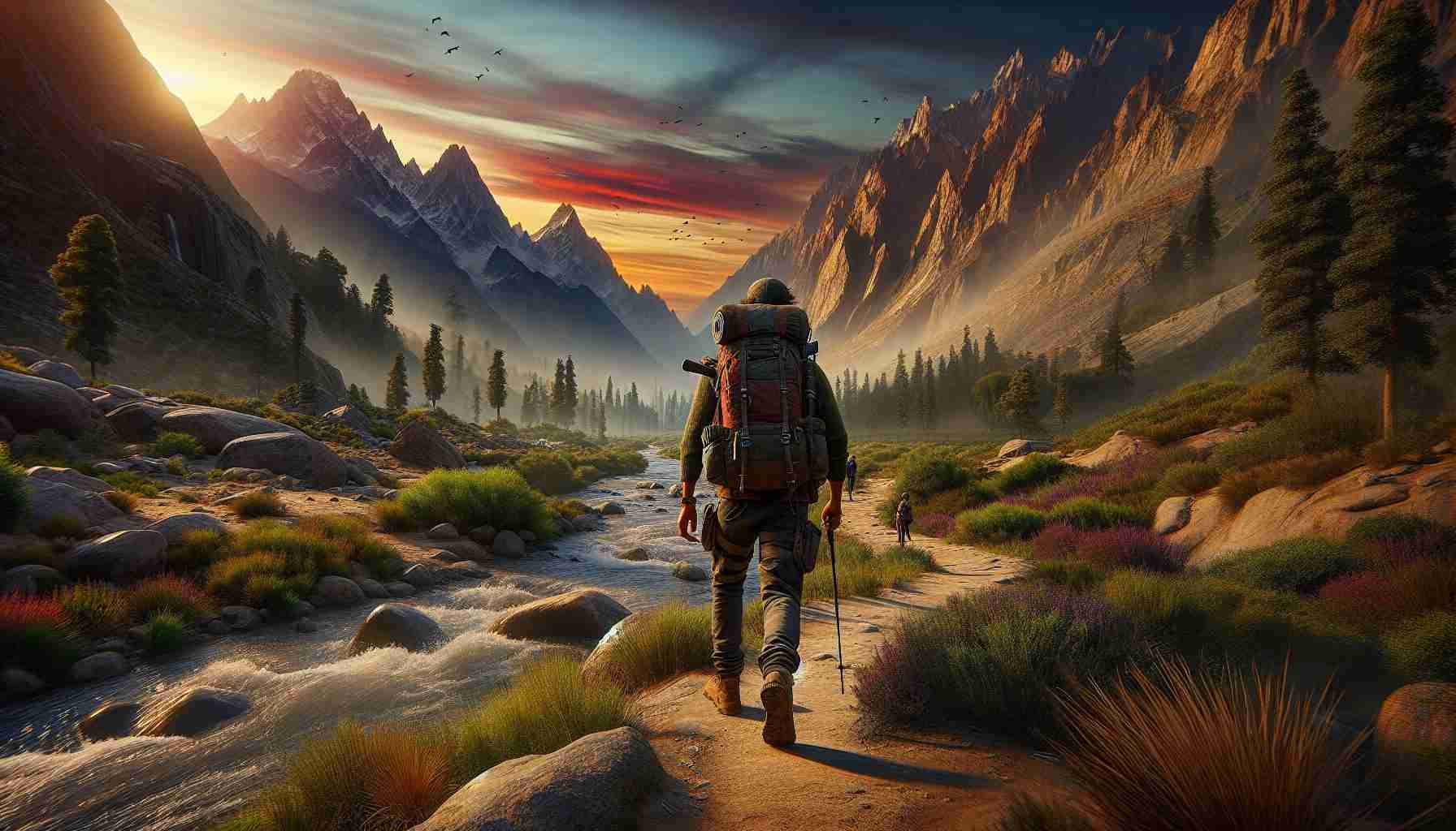 A high-definition, realistic image showcasing a scenario of a journey beyond borders. There's a diverse landscape setting, featuring a mix of high mountains, dense forests, arid deserts, and clear rivers. In this scene, a traveler of South Asian descent with a sturdy backpack strapped on is stepping off a well-trodden path, heading into the unknown. The sky above is a rich blend of an approaching sunset's colors and shades, casting a warm glow on the traveler and the surroundings. The sense of escaping into the wild is profoundly depicted in this image.