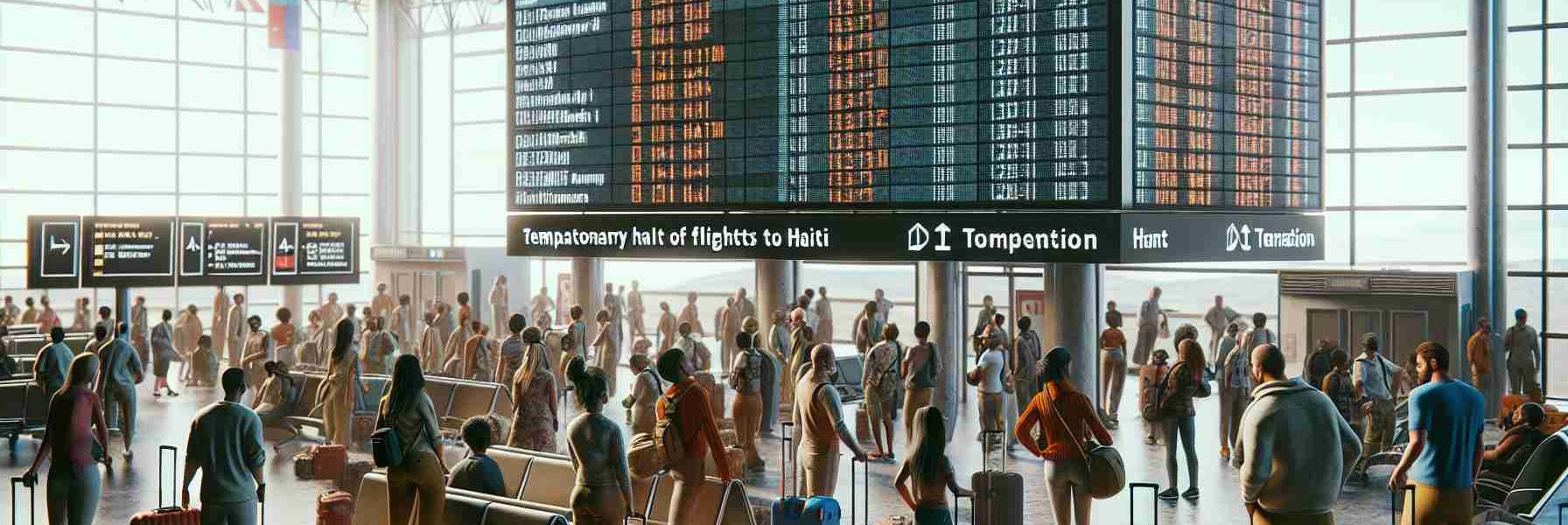 A detailed and high definition image of an airport scene showing a crowd of international travelers waiting with their luggage. There are large digital screens displaying flight information, and one of them shows a notice of temporary halt of flights to Haiti due to security concerns. The mood in the scene is a mix of frustration, anticipation, and understanding depicted by the body language and facial expression of the travelers. Elements such as the airport infrastructure, the travelers' clothes and accessories, and the digital screen's information should be very realistic.