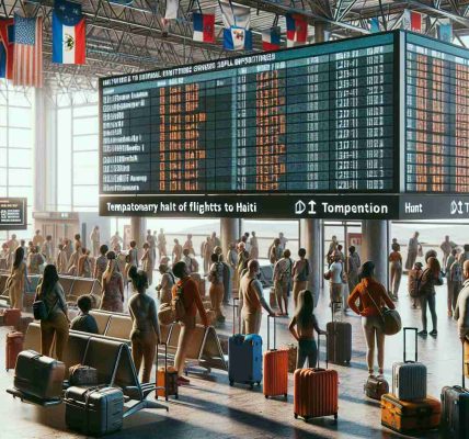 A detailed and high definition image of an airport scene showing a crowd of international travelers waiting with their luggage. There are large digital screens displaying flight information, and one of them shows a notice of temporary halt of flights to Haiti due to security concerns. The mood in the scene is a mix of frustration, anticipation, and understanding depicted by the body language and facial expression of the travelers. Elements such as the airport infrastructure, the travelers' clothes and accessories, and the digital screen's information should be very realistic.