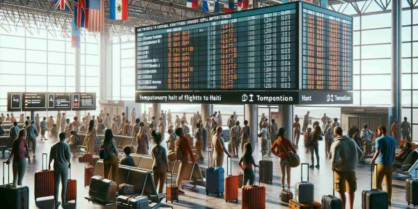 A detailed and high definition image of an airport scene showing a crowd of international travelers waiting with their luggage. There are large digital screens displaying flight information, and one of them shows a notice of temporary halt of flights to Haiti due to security concerns. The mood in the scene is a mix of frustration, anticipation, and understanding depicted by the body language and facial expression of the travelers. Elements such as the airport infrastructure, the travelers' clothes and accessories, and the digital screen's information should be very realistic.