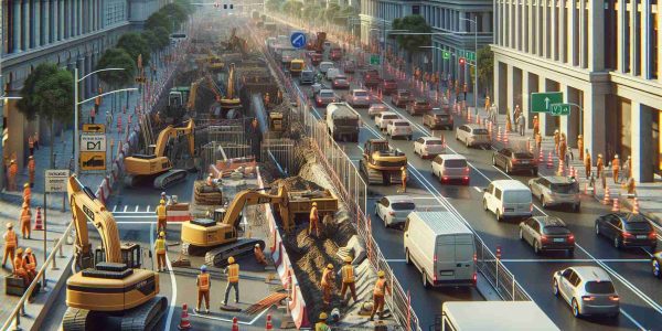 Generate a realistic high-definition image of a new construction project impacting traffic on a major street. The scene includes busy construction workers wearing safety helmets and high visibility jackets, working amidst heavy machineries. Excavators are digging the ground while cranes are hoisting construction materials. The roadway is partially closed causing a traffic jam with a variety of vehicles queuing up. Pedestrians are navigating their way on one side of the street. Traffic signs and barricades are placed around the construction site for safety purposes.