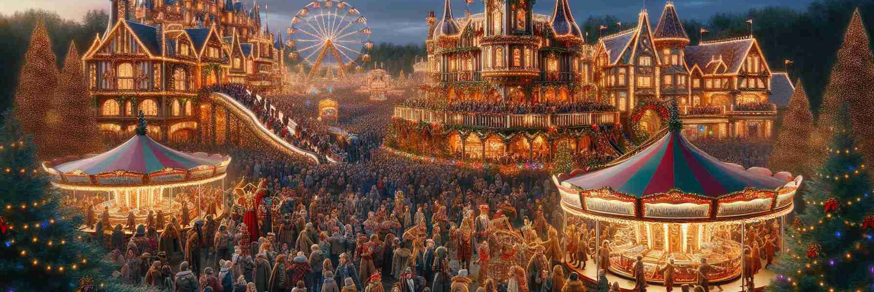 A highly detailed, realistic image of a thrill-filled outdoor entertainment resort during holidays, with decorative lights glittering and festive decorations everywhere. The scene includes a grand castle decorated for the season, crowds of excited people of all descents and genders, enjoying various amusement park rides, food stalls selling delicious treats, and lively parades with costumed performers, all against a backdrop of a dusky twilight sky.