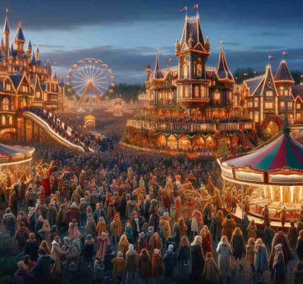 A highly detailed, realistic image of a thrill-filled outdoor entertainment resort during holidays, with decorative lights glittering and festive decorations everywhere. The scene includes a grand castle decorated for the season, crowds of excited people of all descents and genders, enjoying various amusement park rides, food stalls selling delicious treats, and lively parades with costumed performers, all against a backdrop of a dusky twilight sky.