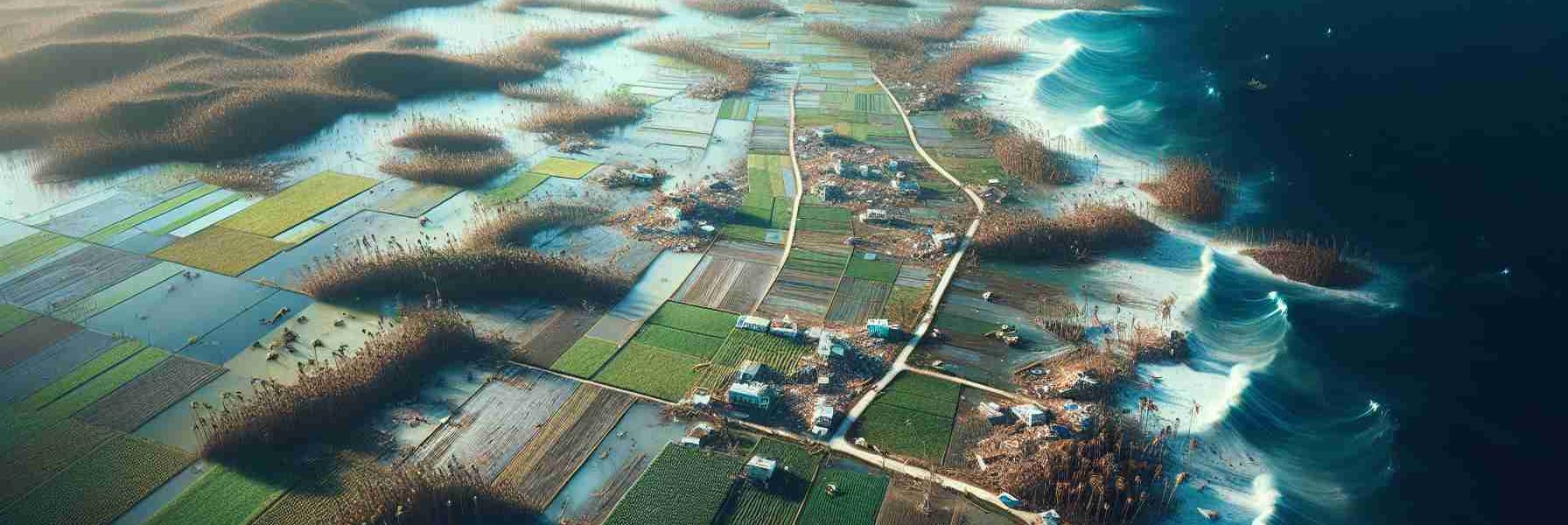 Create a realistic, high-definition image portraying the outcomes of a major hurricane (named Rafael) on agricultural fields in Cuba. The graphic should emphasize the aftermath of the storm on the island's agricultural sector, showing damaged farmlands and potentially destroyed crops.